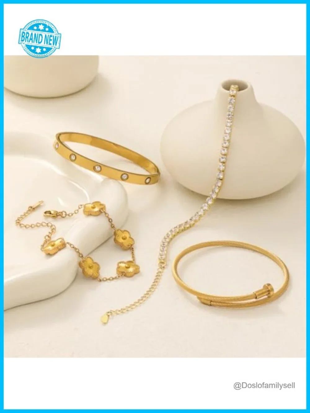 4-Piece Gold Plated Stackable Bracelet Set with Floral Charm